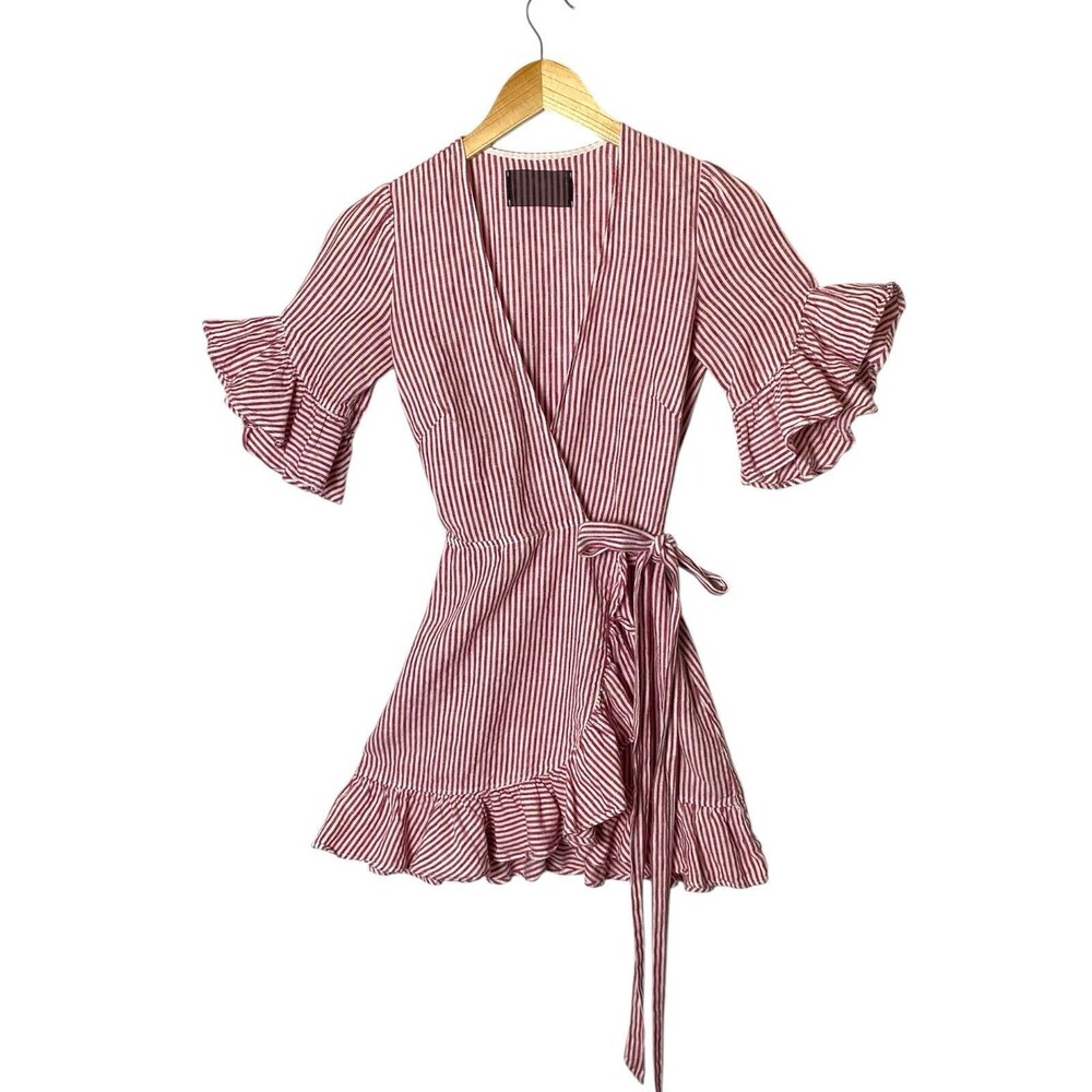 Reformation XS Kelsey Dress Red & White Linen Stripes Ruffles Mini Wrap Dress